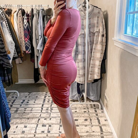 Theory Ruched Mini Dress Cider Red Fitted Bodycon S - Picture 4 of 10